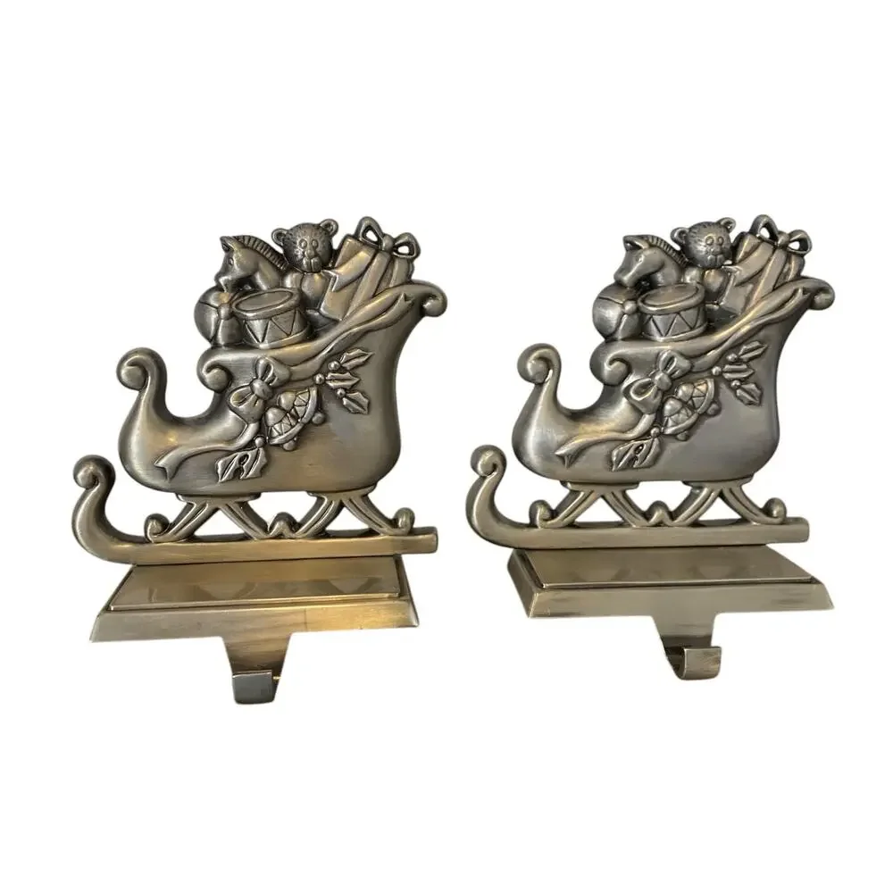 Set of 2 Santa's Sleigh Pewter Finish Christmas Stocking Hanger Hook Santa Claus